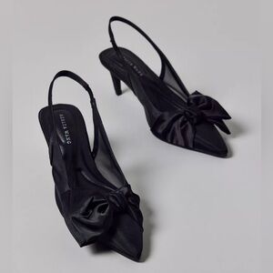 Azalea Wang Chloris Satin Bow Slingback Pump - Black Kitten Heel